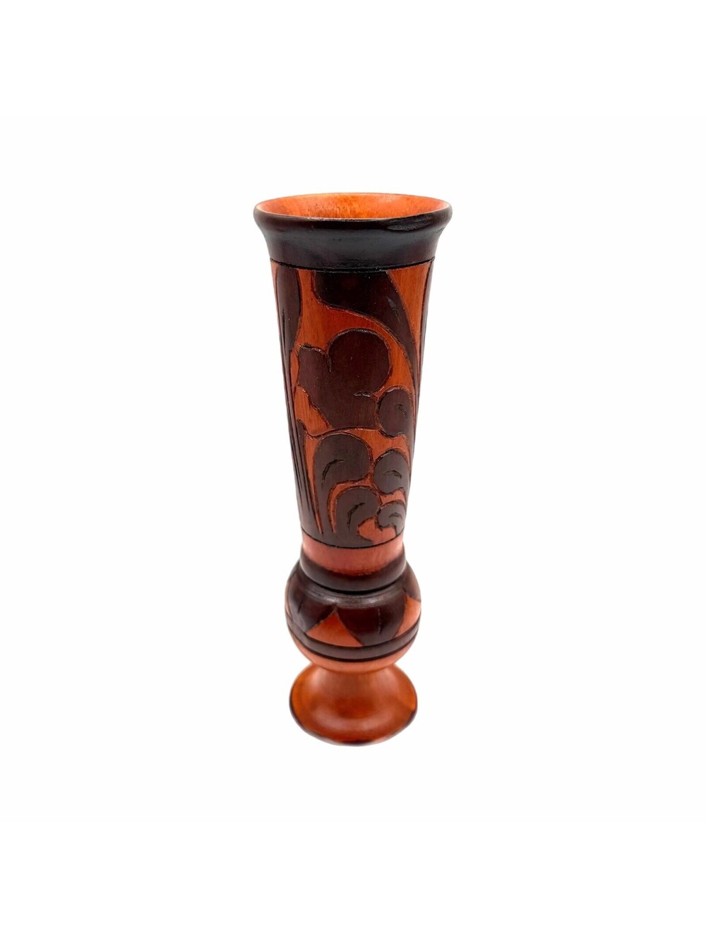 Vintage Hand-Carved 9.5” Two-Tone Wood Pedestal Vase
